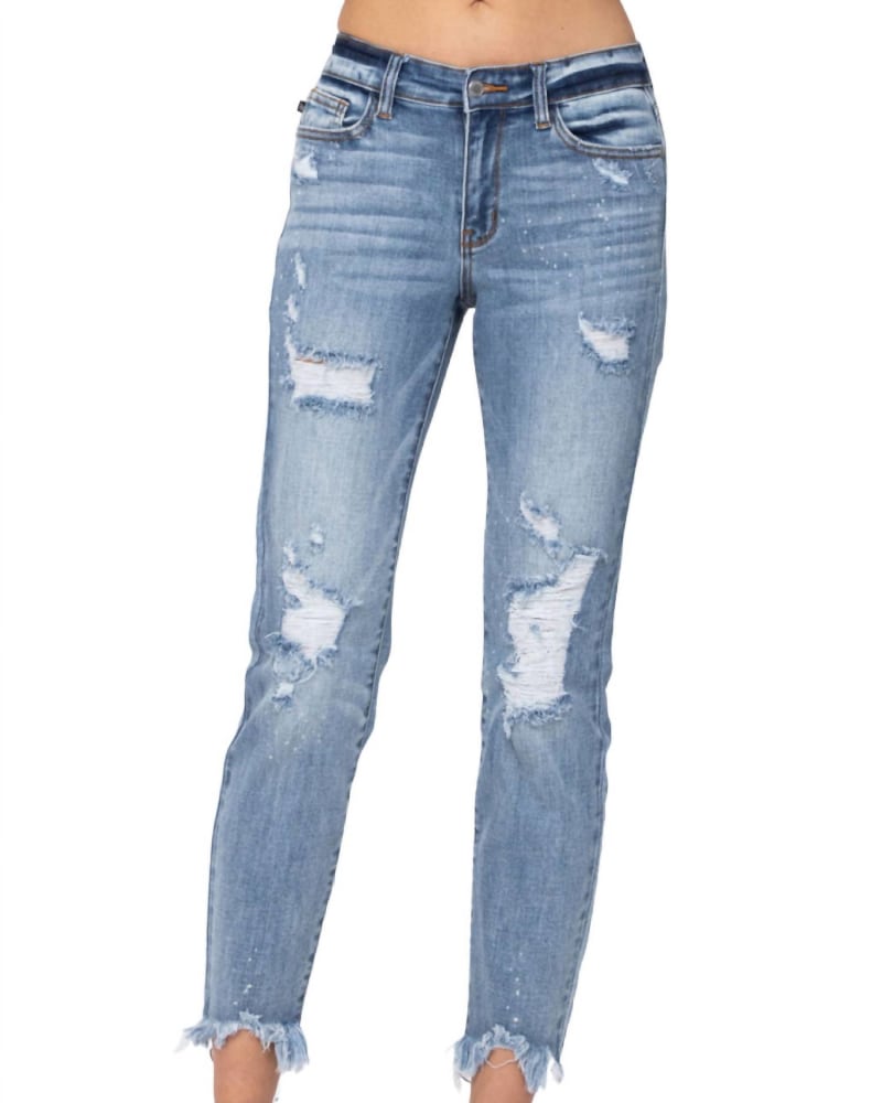 Front of a model wearing a size 24W Destroyed Hem Bleach Splash Boyfriend Jean In Light Wash in Light Wash by Judy Blue. | dia_product_style_image_id:350103